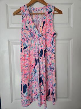 Lilly Pulitzer Dress Womens Small Pink Blue Palm Print 100% Pima Cotton V-Neck